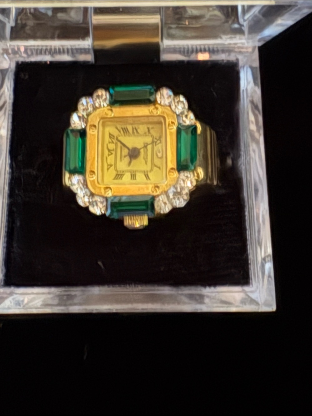 Vintage Deadstock Watch Ring with Emerald-Style Accents Gold-Tone